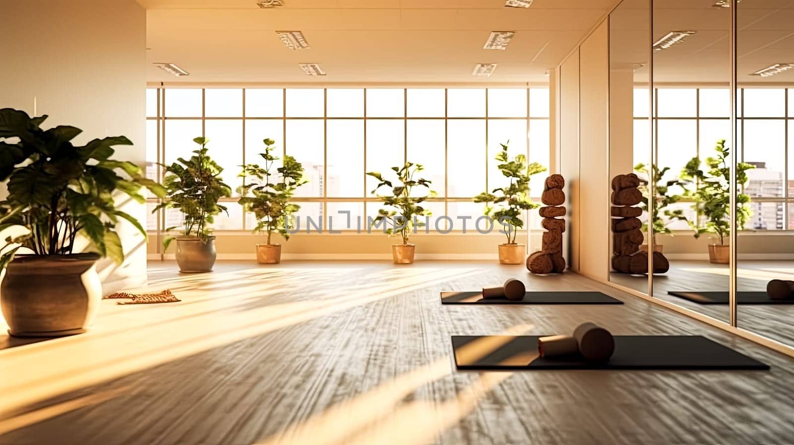 A large room with a lot of greenery and a lot of windows. The room is very open and spacious. yoga room