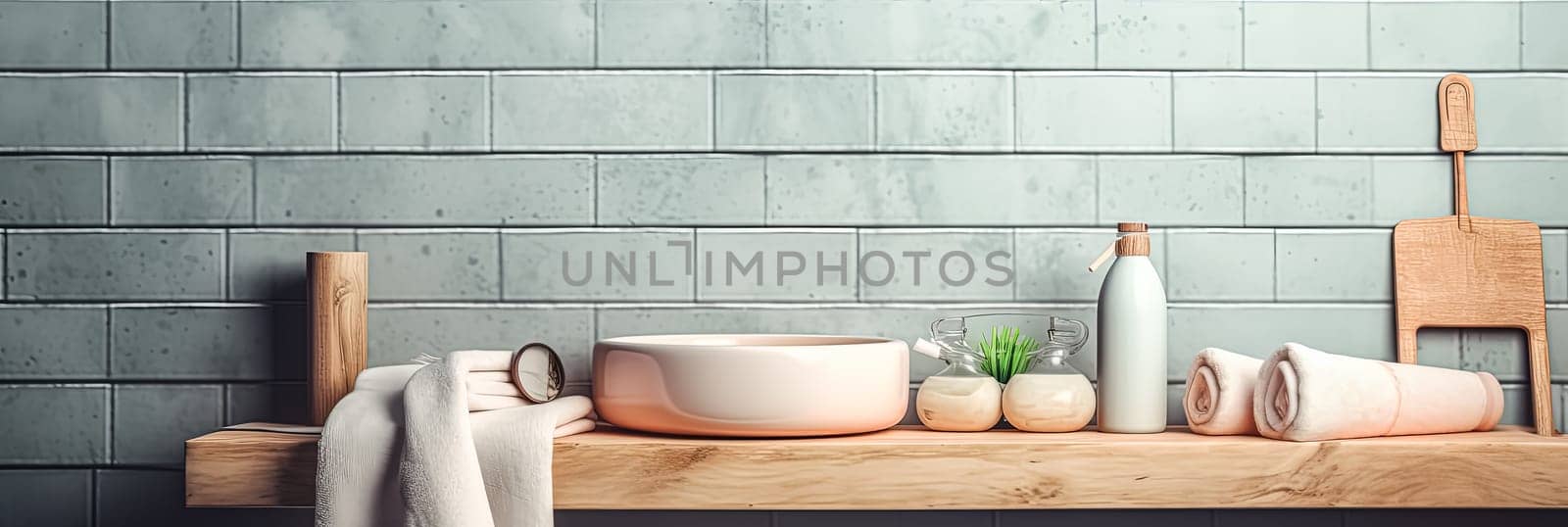 A bathroom shelf with a white bowl, a bottle of lotion, and a towel. The shelf is made of wood and has a tile wall behind it