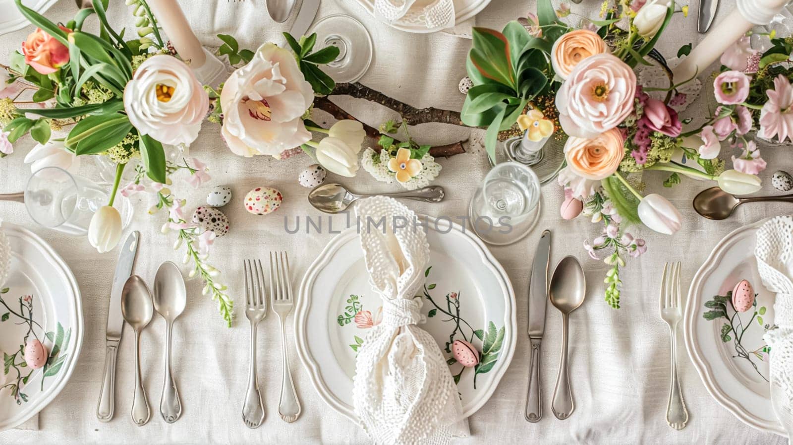 Easter tablescape decoration, floral holiday table decor for family celebration, spring flowers, Easter eggs, Easter bunny and vintage dinnerware, English country and home styling