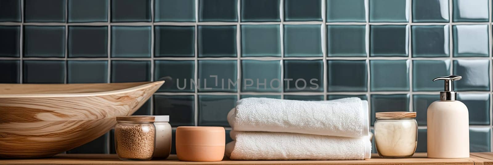 A bathroom with a wooden bowl, a bottle of lotion, and a bottle of shampoo. The bathroom is decorated with blue tiles