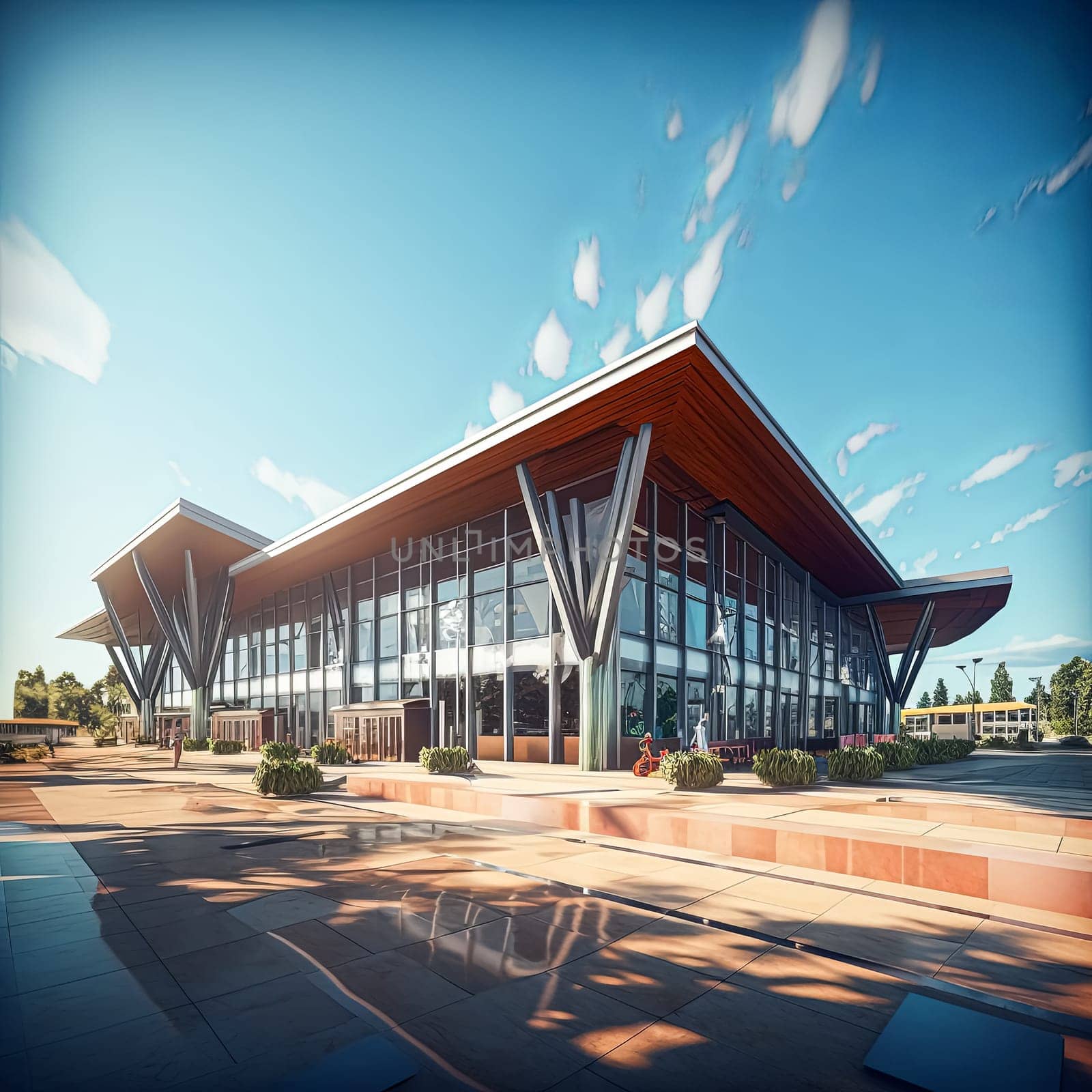 A large building with a lot of windows and a wooden roof. The building is surrounded by trees and has a lot of greenery