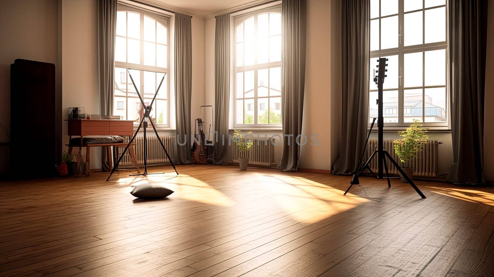 A room with a guitar, a microphone, and a camera. The room is bright and sunny, and there are two people in the room