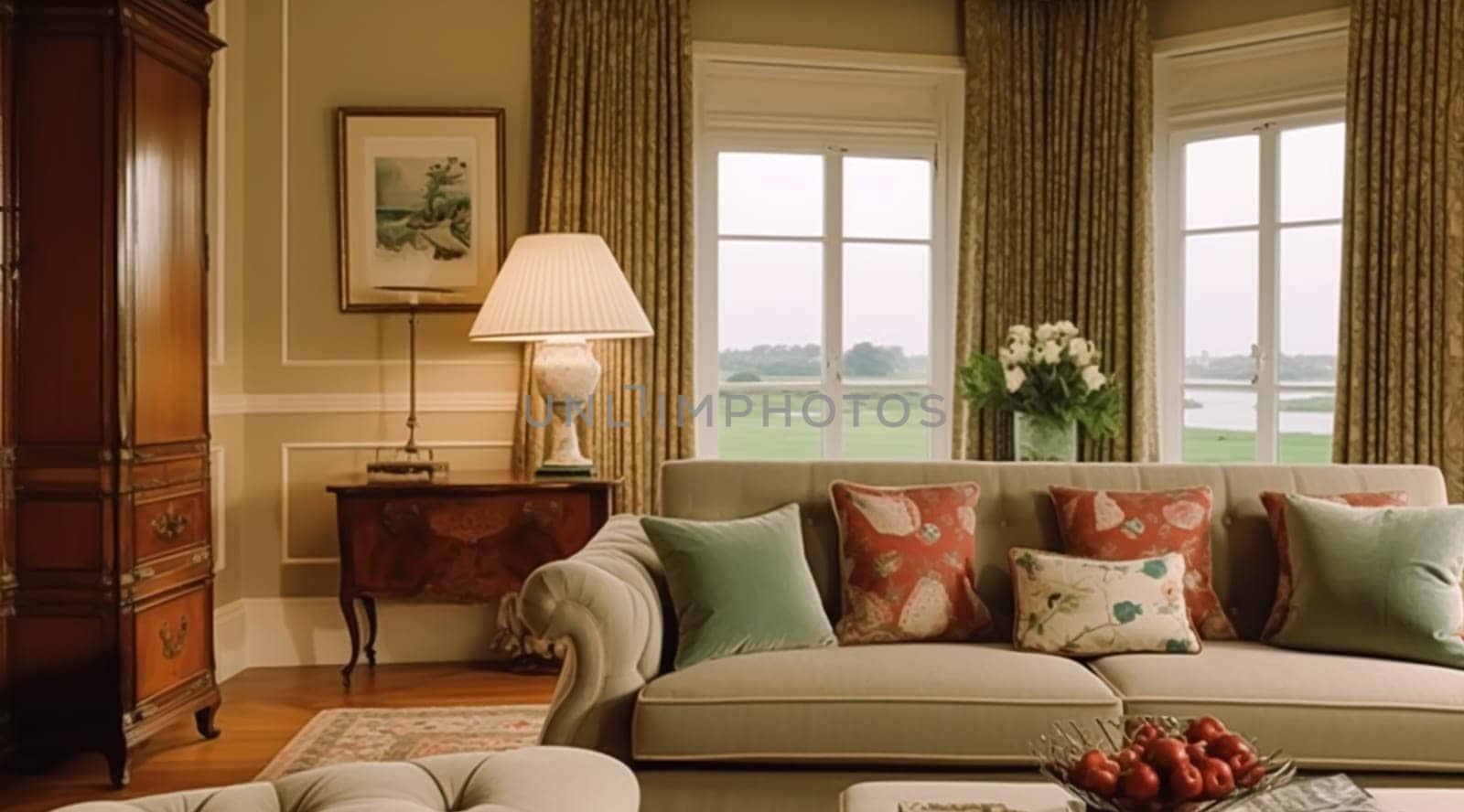 Interior design, living room decor and house improvement, antique furniture, sofa, home decor and textiles, country cottage lounge style, post-processed, generative ai