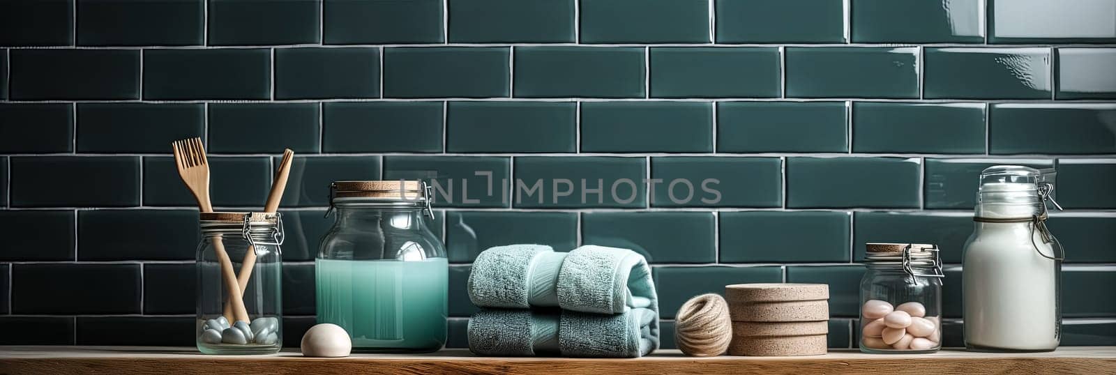 A bathroom shelf with a variety of items including a bottle of blue liquid by Alla_Morozova93