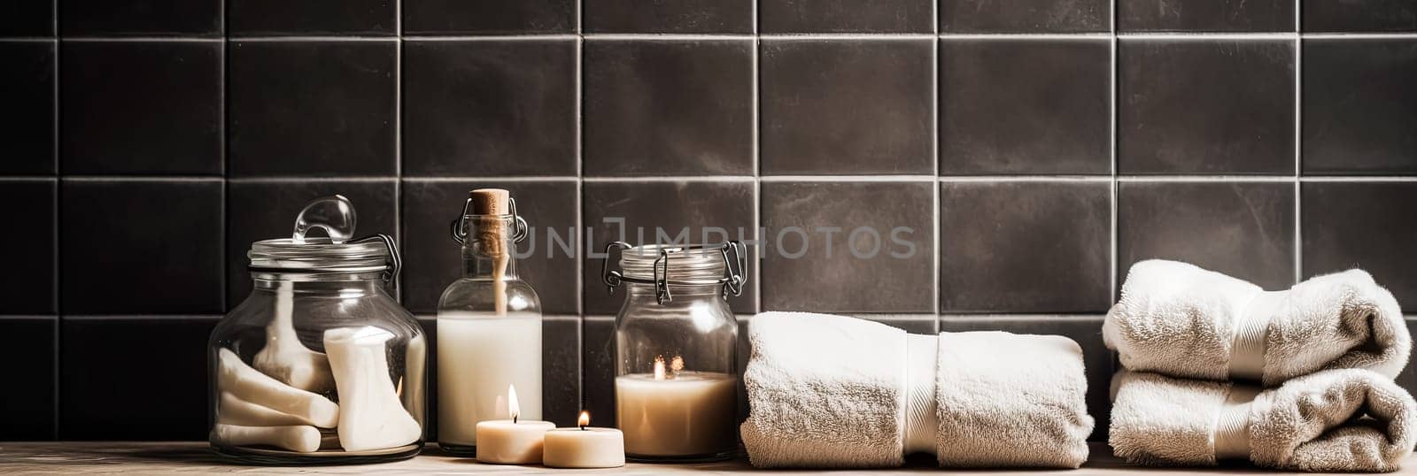 A bathroom with a countertop full of candles, lotion, and towels. The candles are lit and the towels are neatly stacked. Concept of relaxation and self-care