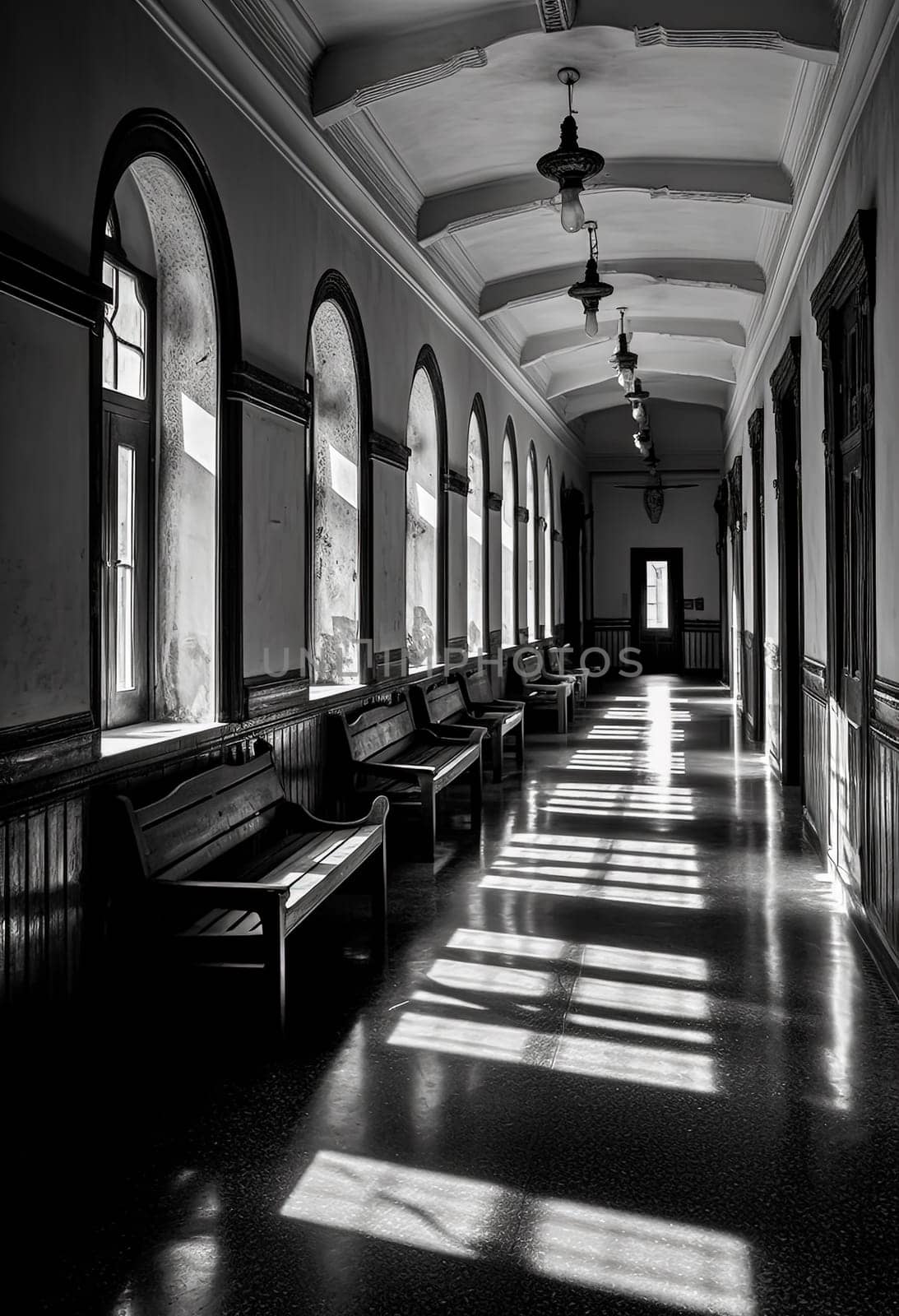 A lengthy corridor featuring a central bench illuminated by a beam of light, casting a serene ambiance in the otherwise dimly lit space.