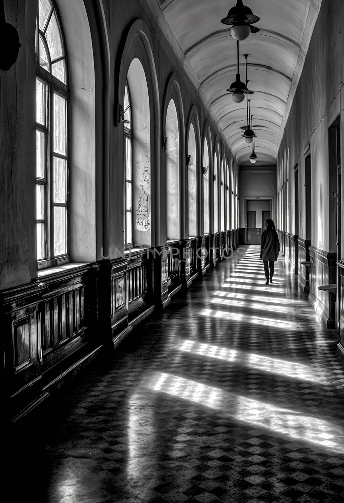 A long hallway with a person walking down it by Alla_Morozova93