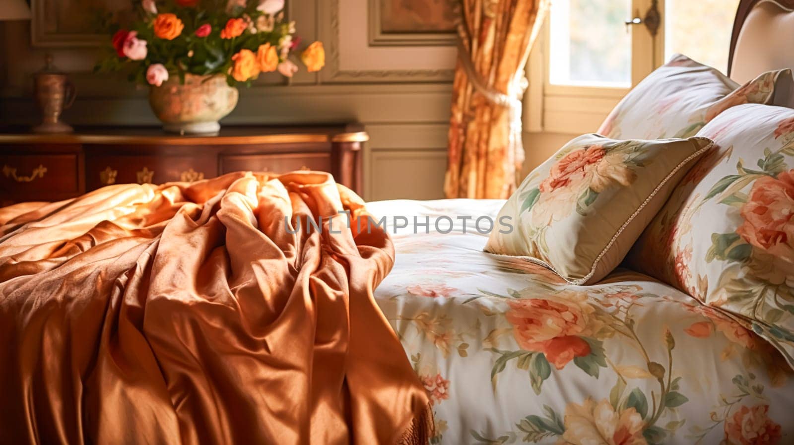 Bedroom decor, interior design and autumnal home decor, bed with silk satin bedding, bespoke furniture and autumn decoration, English country house, holiday rental and cottage style idea