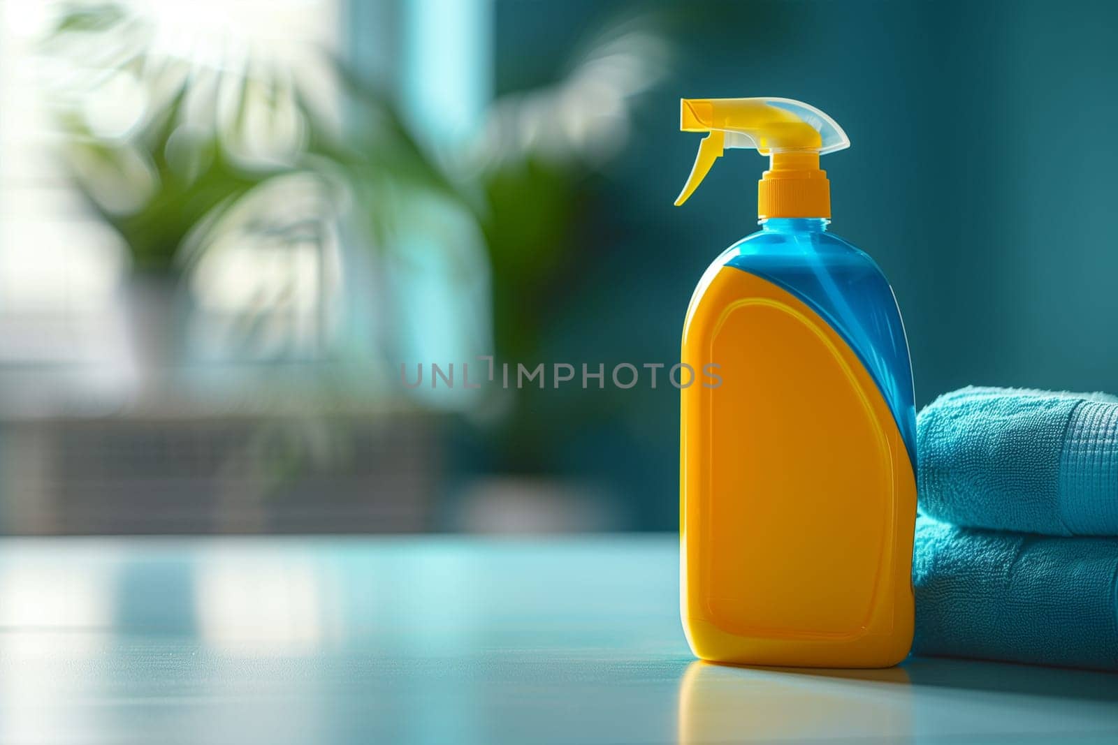 A yellow and blue cleaning spray bottle with a trigger sprayer is on a table, next to a stack of folded blue towels.