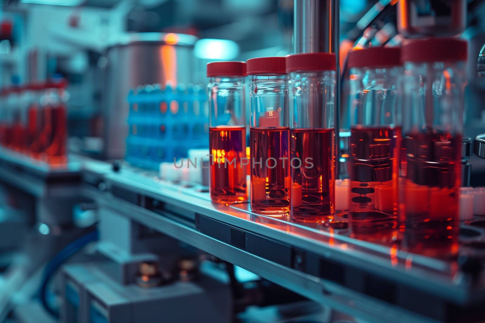 Red liquid fills glass cylinders, sitting on a metal conveyor belt. The cylinders are part of a laboratory process.