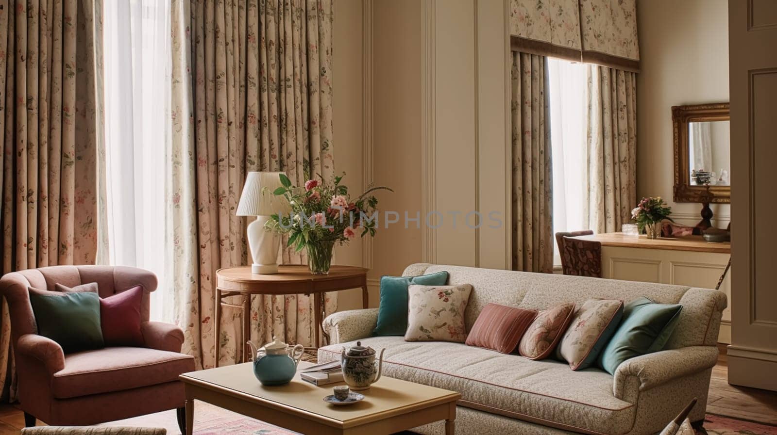 Elegant country lounge room decor, interior design and house improvement, living room furniture, sofa and home decor, countryside cottage style, post-processed, generative ai