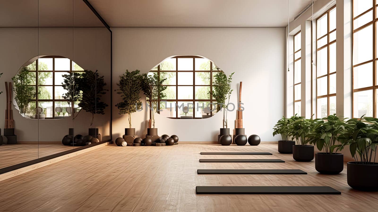 A large room with a lot of greenery and a lot of windows. The room is very open and spacious. yoga room