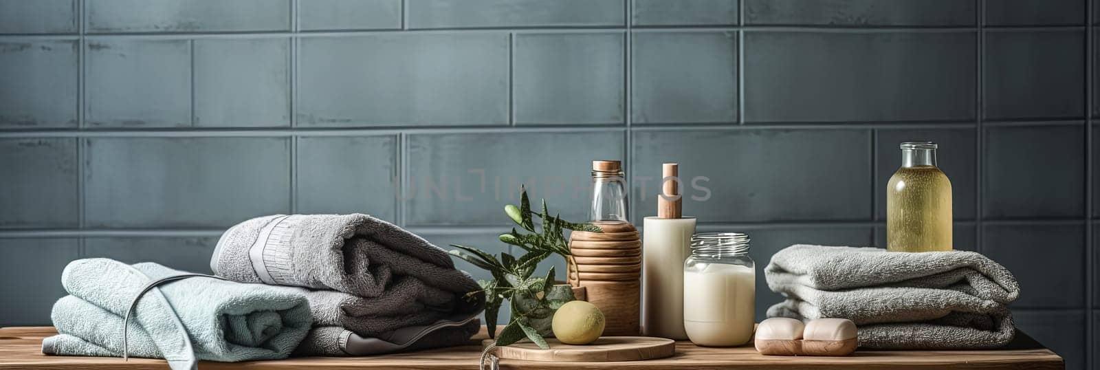 A bathroom counter with a variety of items including towels, a bottle of lotion, and a bottle of oil