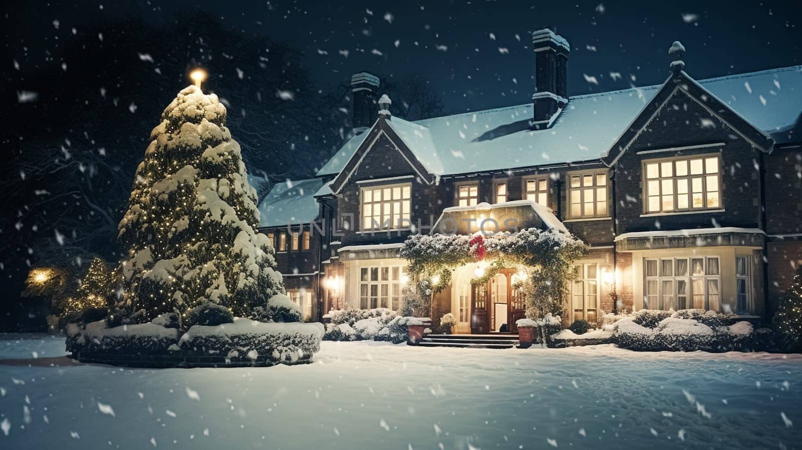 Christmas in the countryside manor, English country house mansion decorated for holidays on a snowy winter evening with snow and holiday lights, Merry Christmas and Happy Holidays design