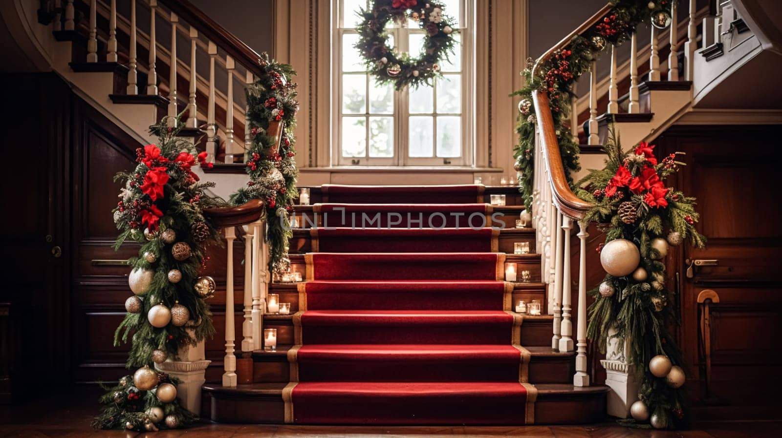 Christmas at the manor, grand entrance hall with staircase and Christmas tree, English countryside decoration and festive interior decor