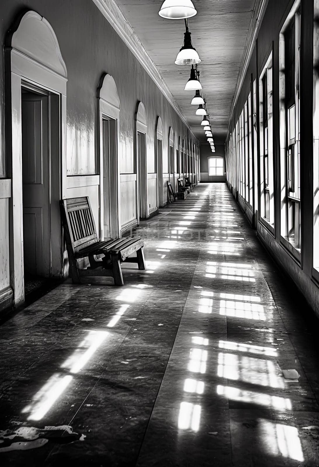 A long hallway with a bench in the middle by Alla_Morozova93