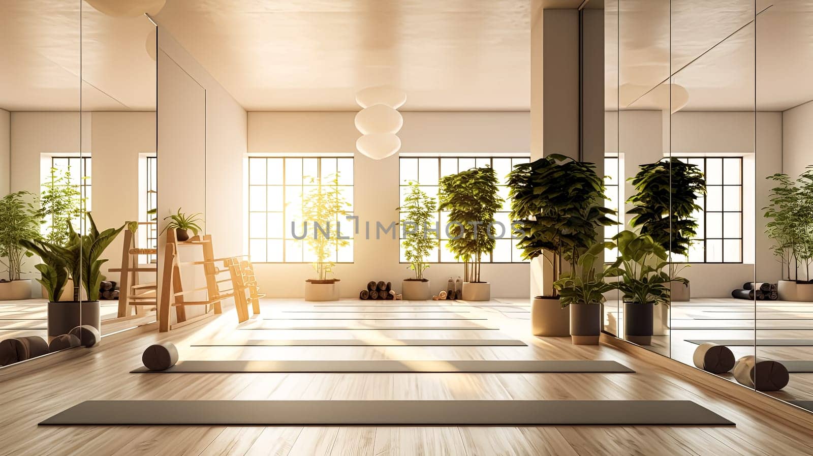 A large room with a lot of greenery and a lot of windows. The room is very open and spacious. yoga room