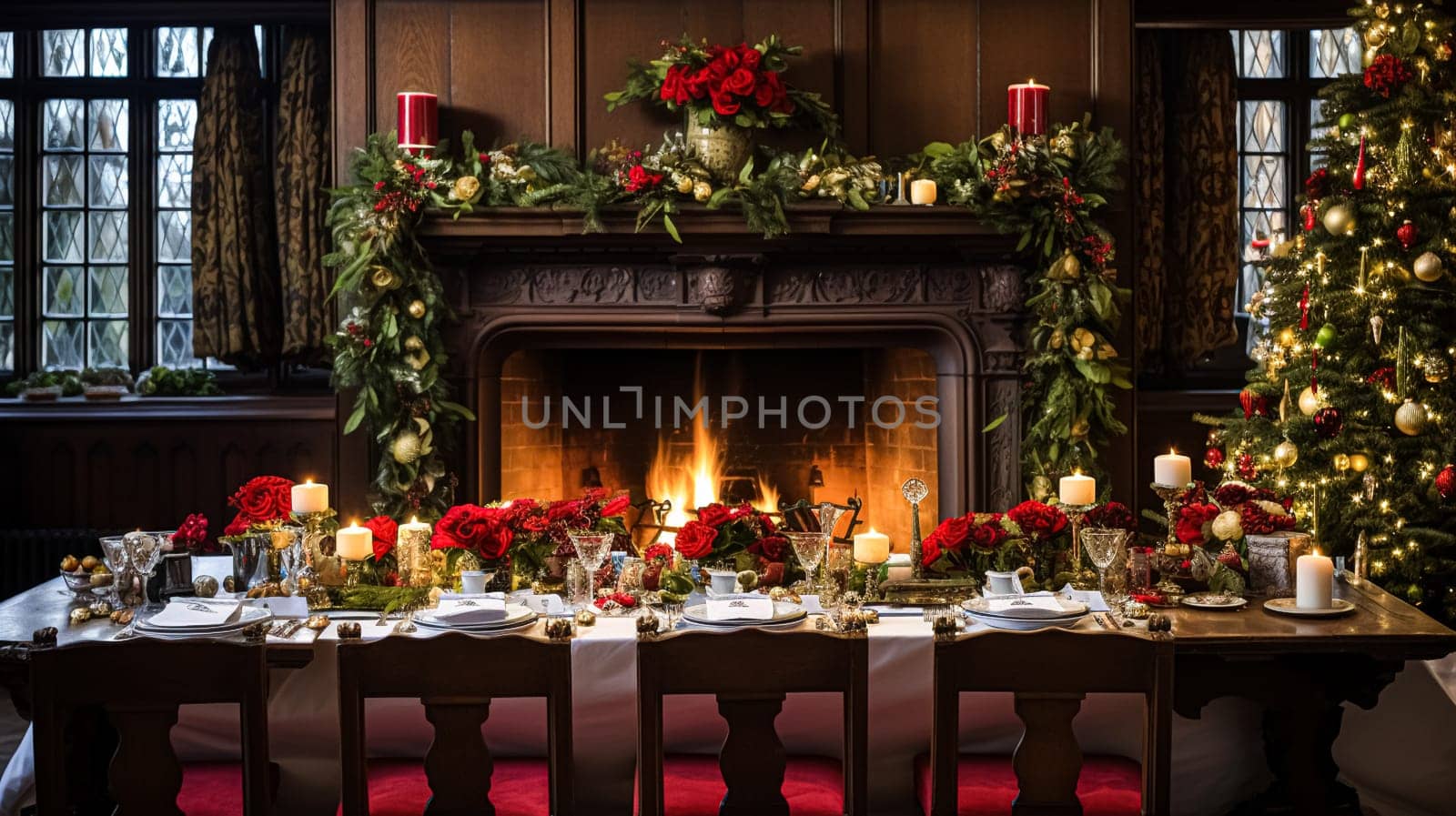 Christmas at the manor, English countryside decoration and festive interior decor