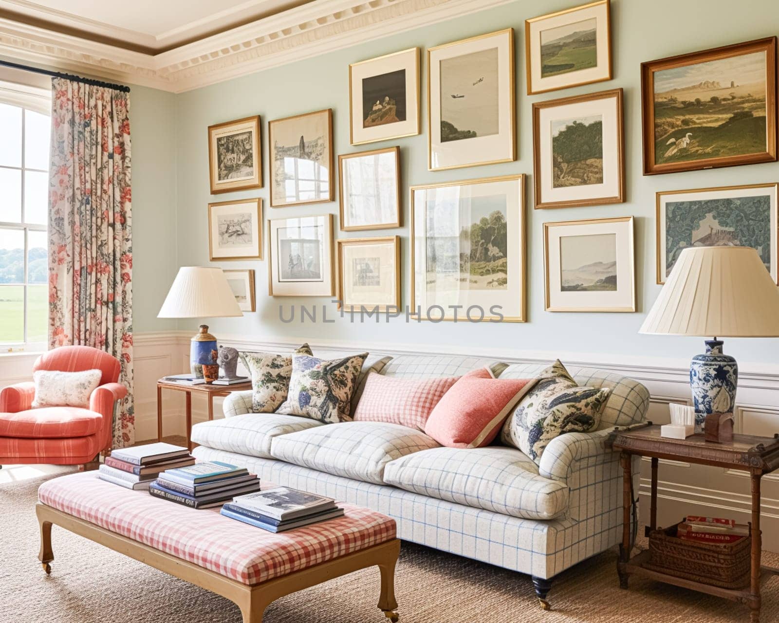 Gallery wall, home decor and wall art over sofa, framed art in modern English country cottage sitting room interior, living room for diy printable artwork and print shop idea