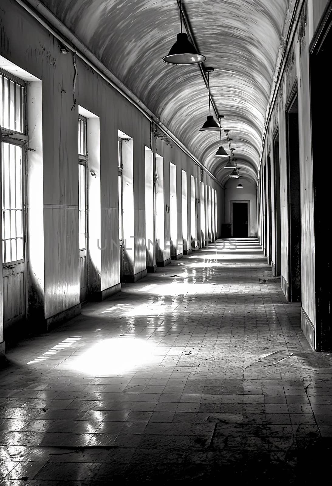 A long hallway with a light shining down on it. The hallway is empty and the light is coming from the ceiling