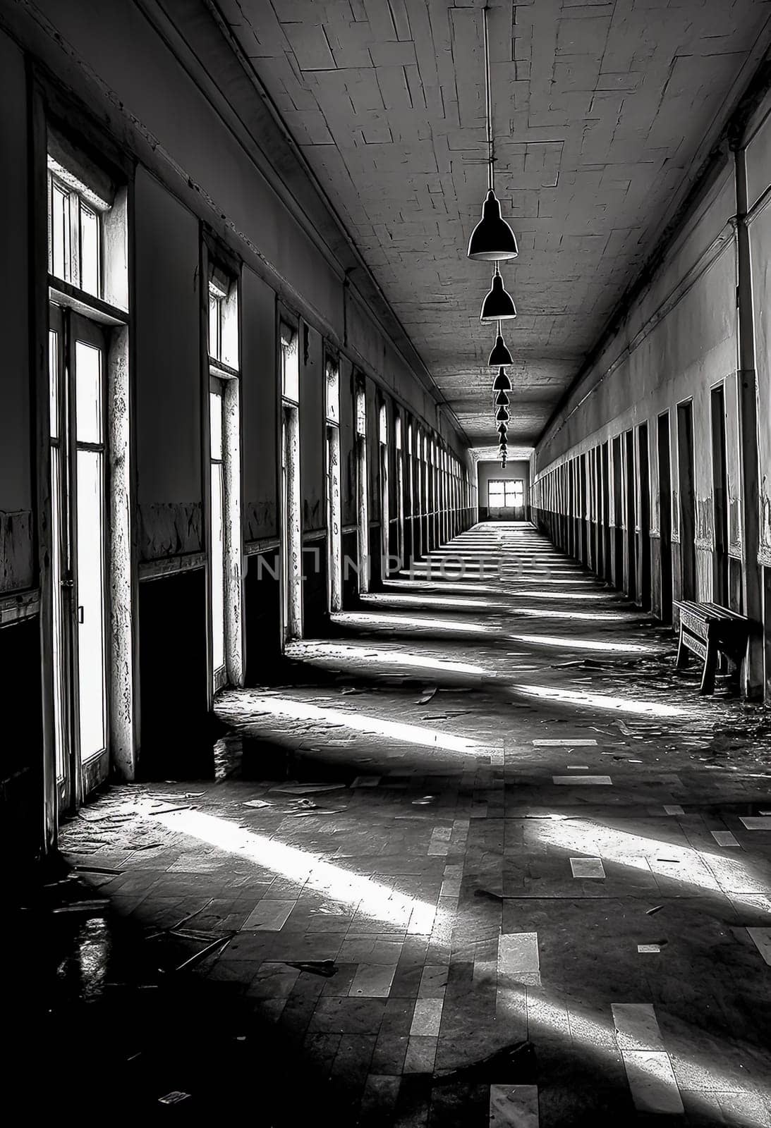 A long hallway with a bench in the middle. The hallway is dark and empty. The light is shining on the floor, creating shadows