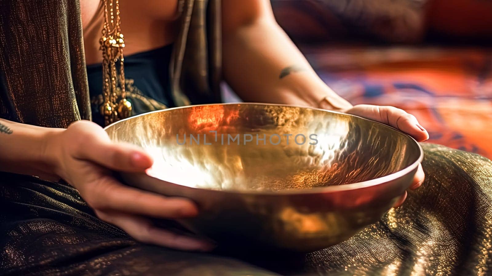 A woman is holding a gold bowl in her hands. The bowl is large and has a shiny, reflective surface. The woman is in a relaxed and peaceful state, possibly meditating or enjoying a moment of solitude