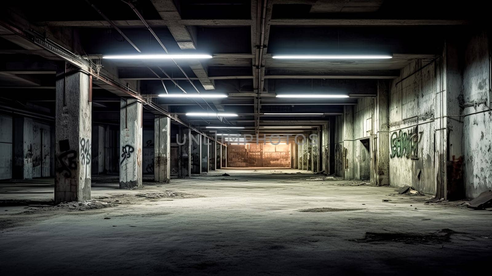 A large, empty room with graffiti on the walls. The room is lit by overhead lights, creating a stark contrast between the darkness of the room and the bright lights