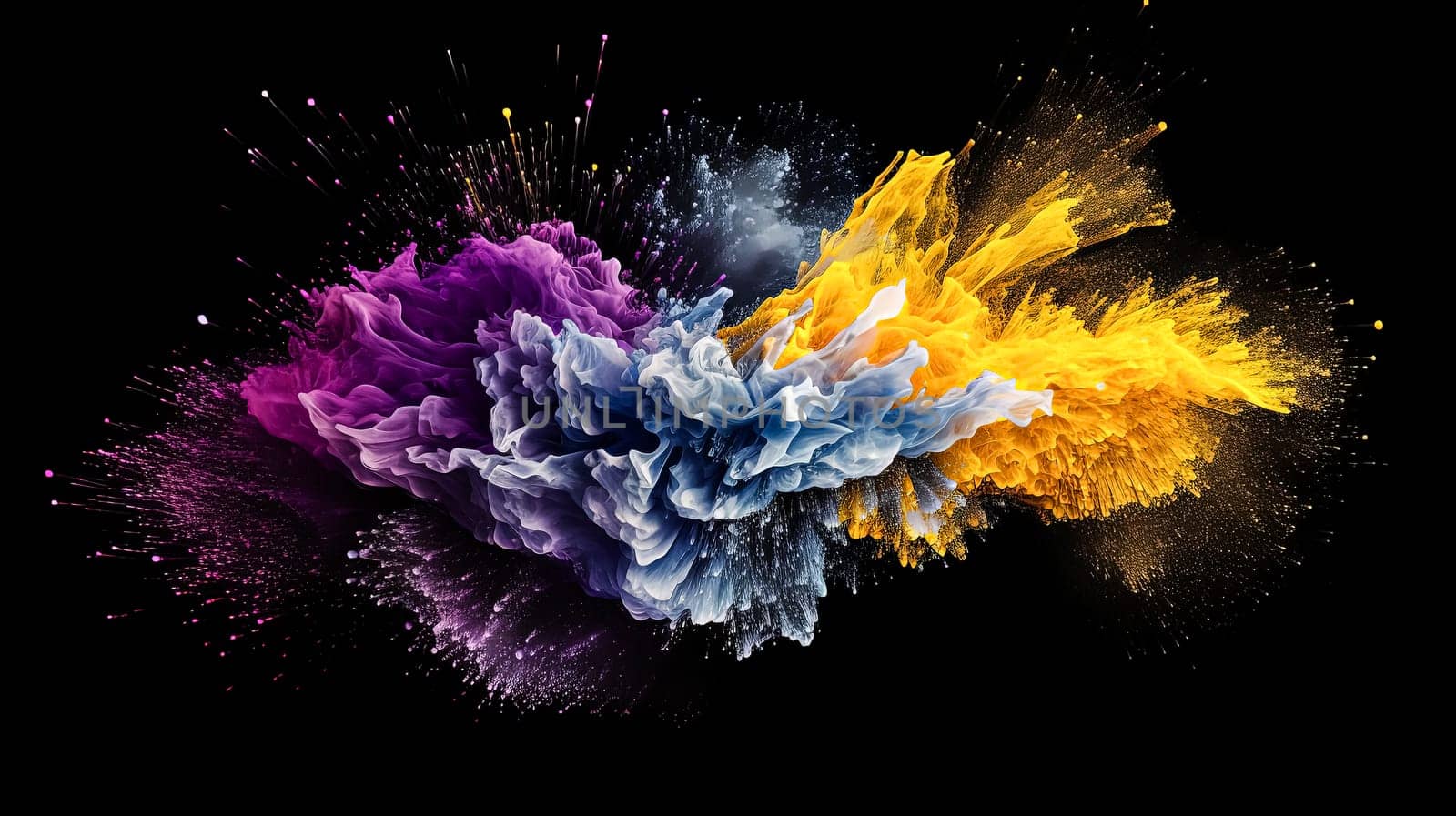 A colorful explosion of paint is shown in the image. The colors are bright and vibrant, creating a sense of energy and excitement. The explosion appears to be a burst of creativity