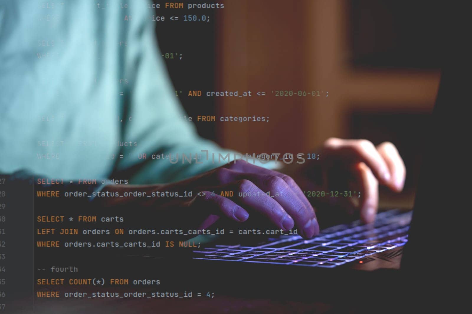 A young girl works on a laptop late at night online, a woman is coding, writing a program, using her device to create a new project and e-learning, getting an IT education for future development.