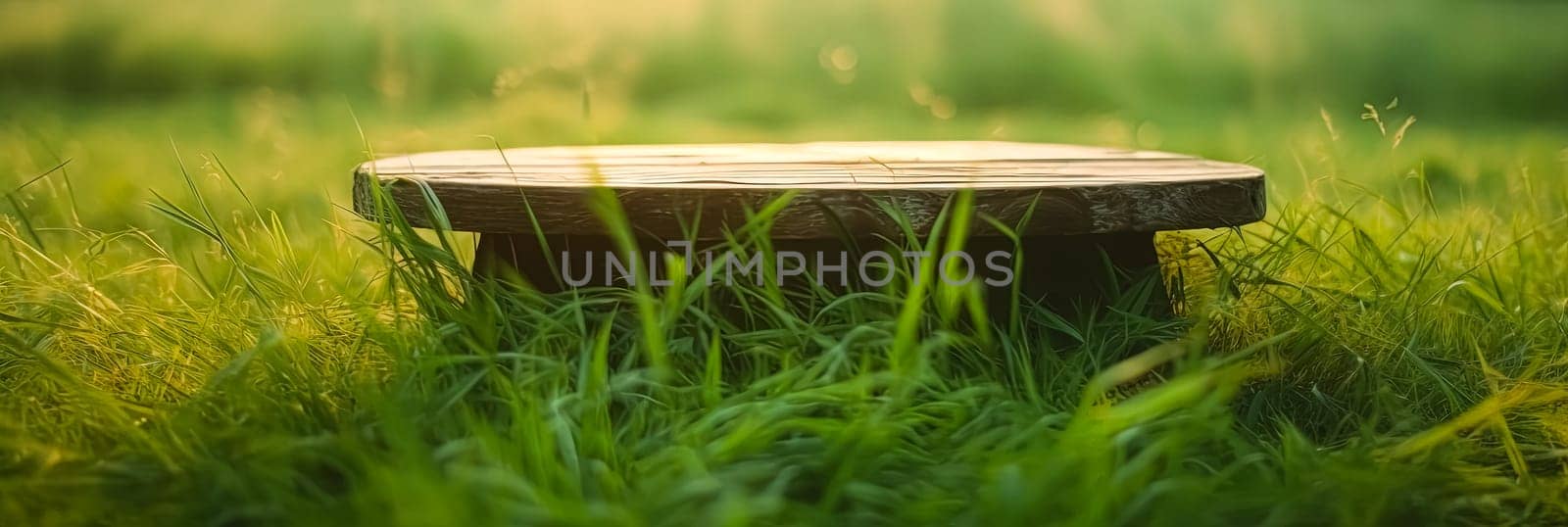 A wooden bench sits in a lush green field. The bench is surrounded by tall grass and the sun is shining brightly on it. The scene is peaceful and serene, with the bench providing a place to sit