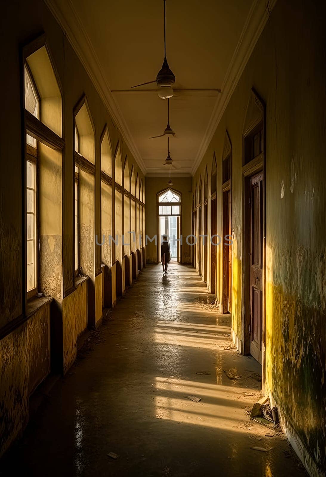A person is walking down a long hallway with a window in the background. The hallway is empty and the person is the only one in the scene