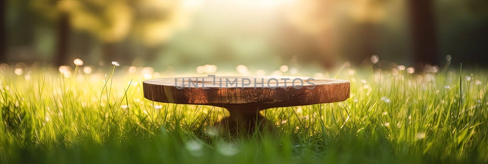 A wooden table is sitting in a field of grass. The table is empty and surrounded by flowers. The scene is peaceful and serene, with the sun shining brightly on the grass and flowers