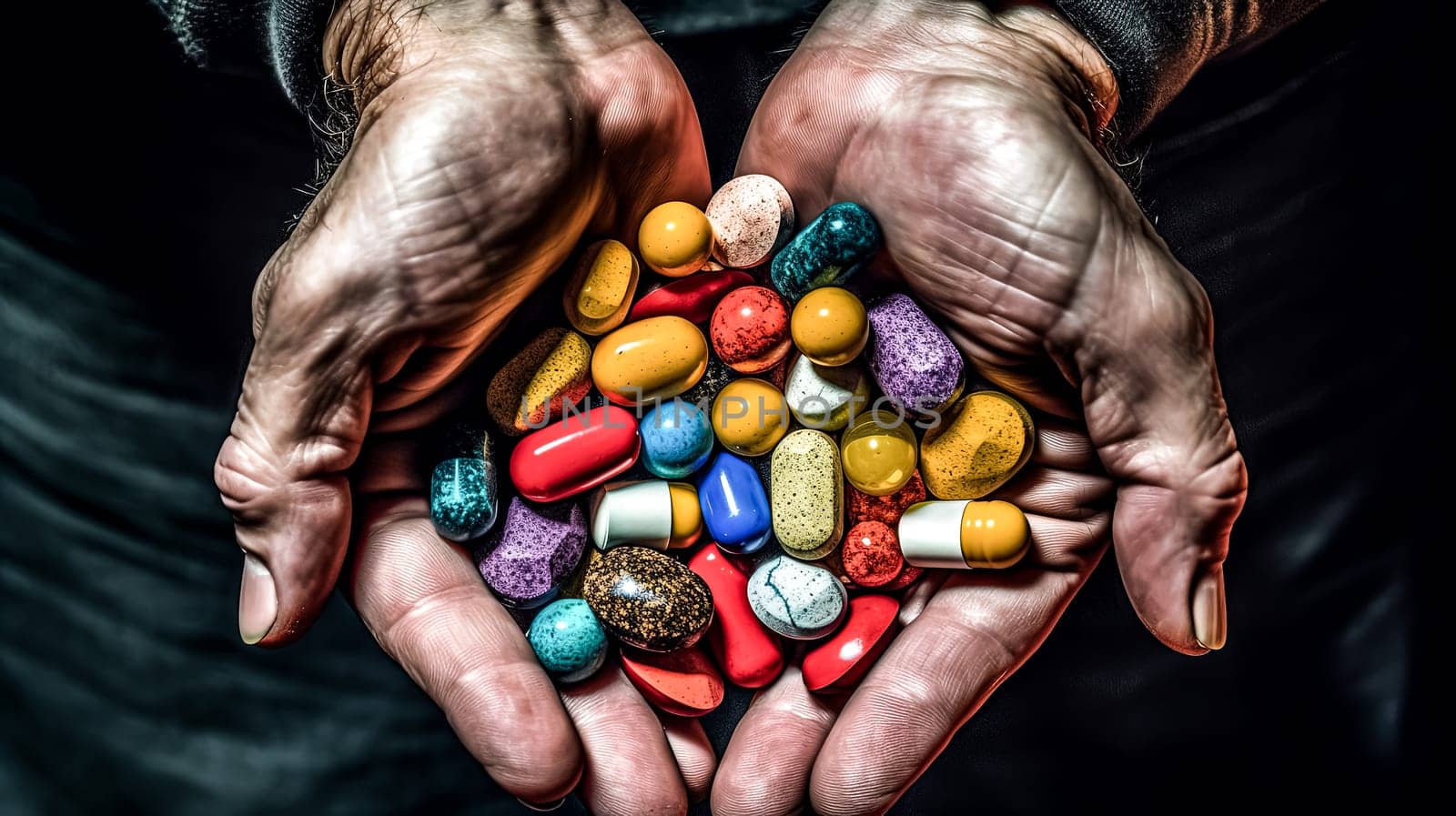 A hand is holding a bunch of pills, some of which are multicolored. Concept of responsibility and care, as the person is holding the pills to ensure they are taken correctly