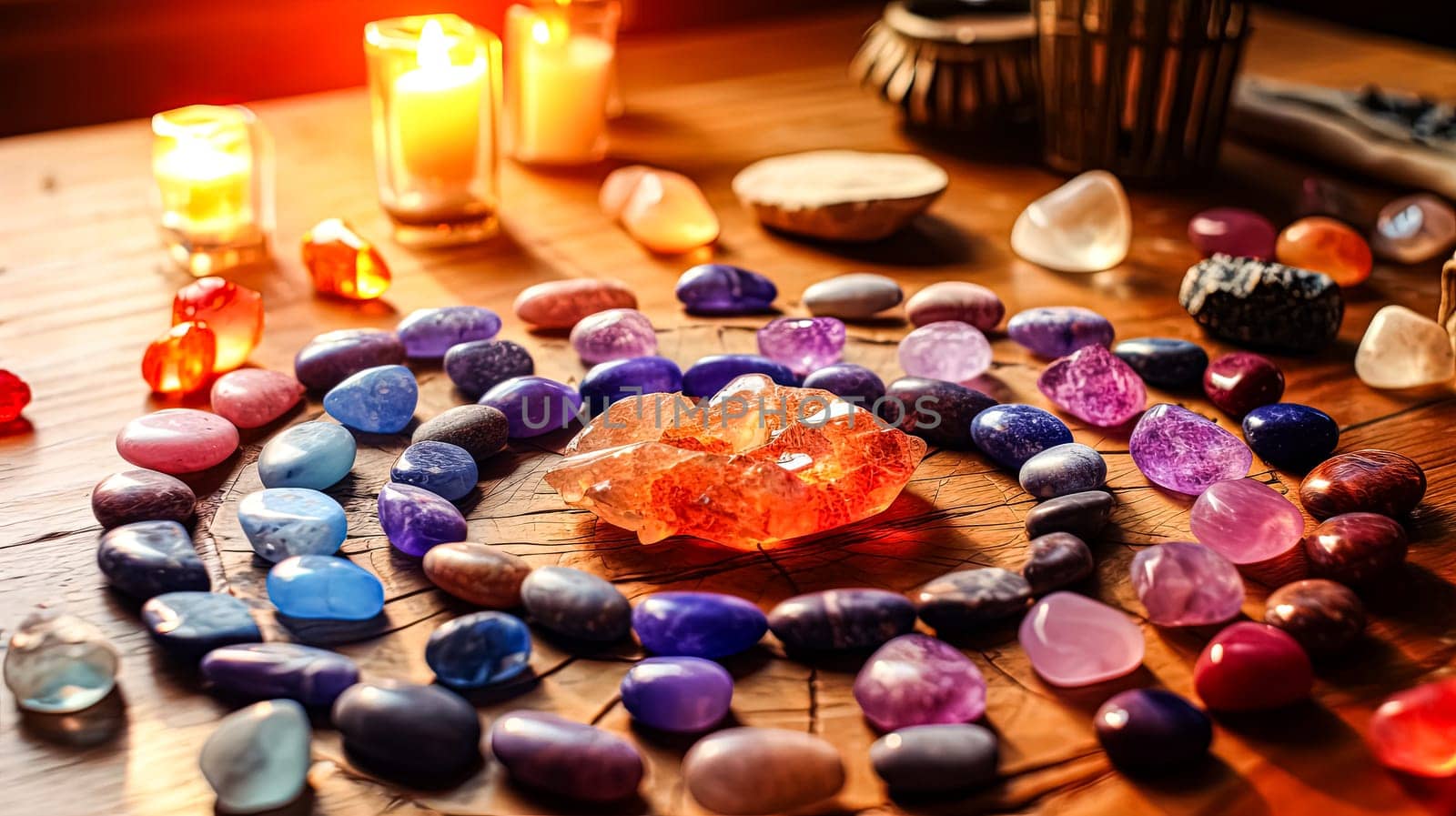 A colorful stone circle with many different colored stones. The stones are arranged in a circle and there are candles in the background