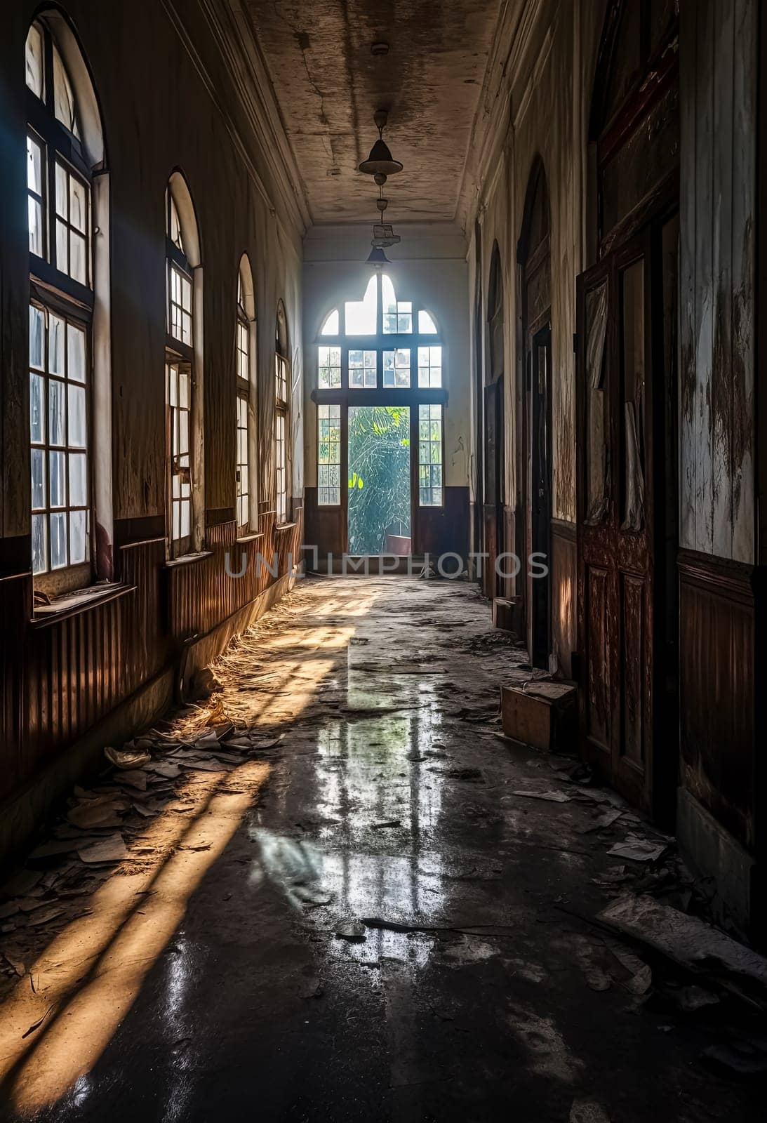 A long hallway with a window in the middle. The hallway is empty and the light is shining through the window