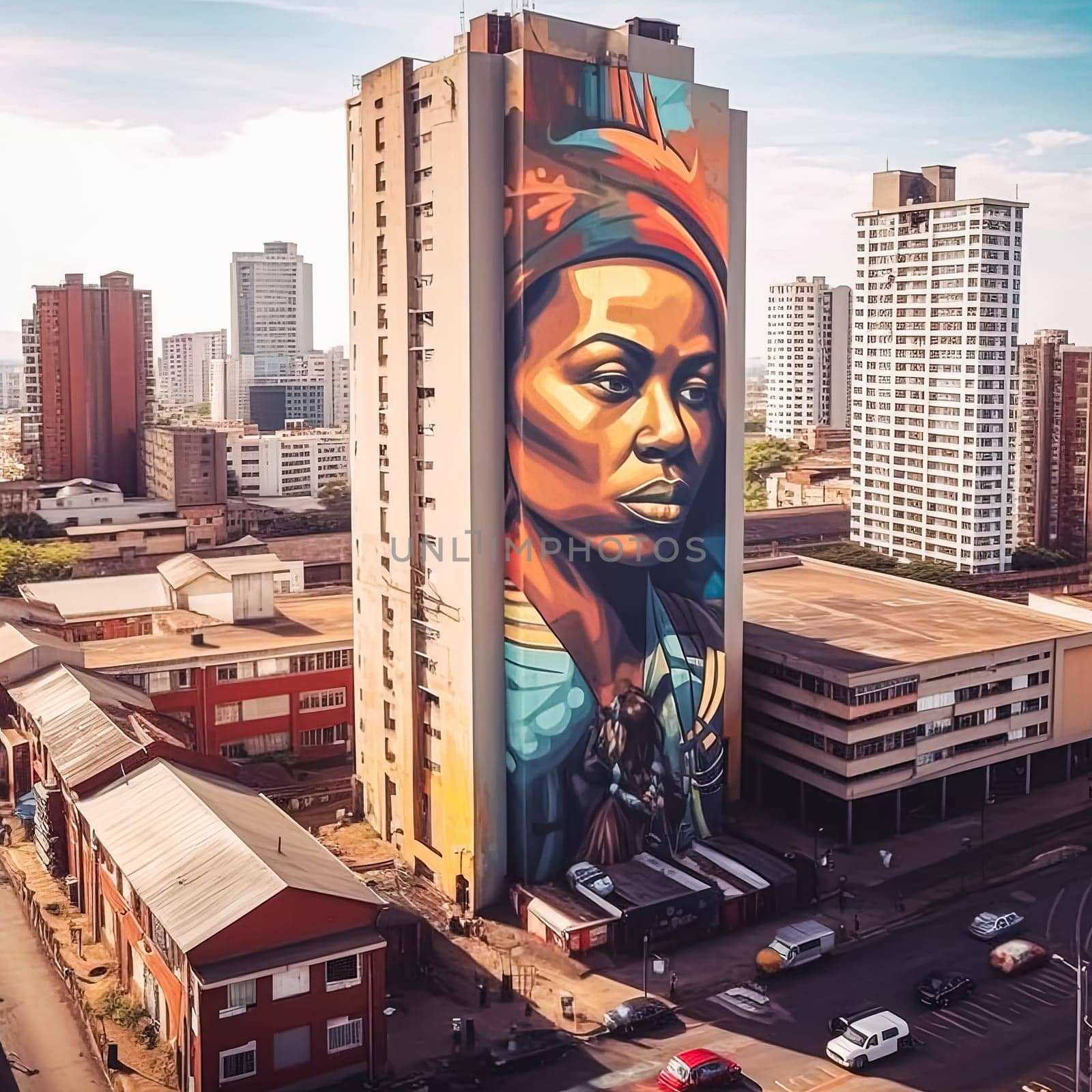 A woman's face is painted on a building in a city. The painting is colorful and vibrant, and it seems to be a work of art. The cityscape in the background is busy with cars and trucks