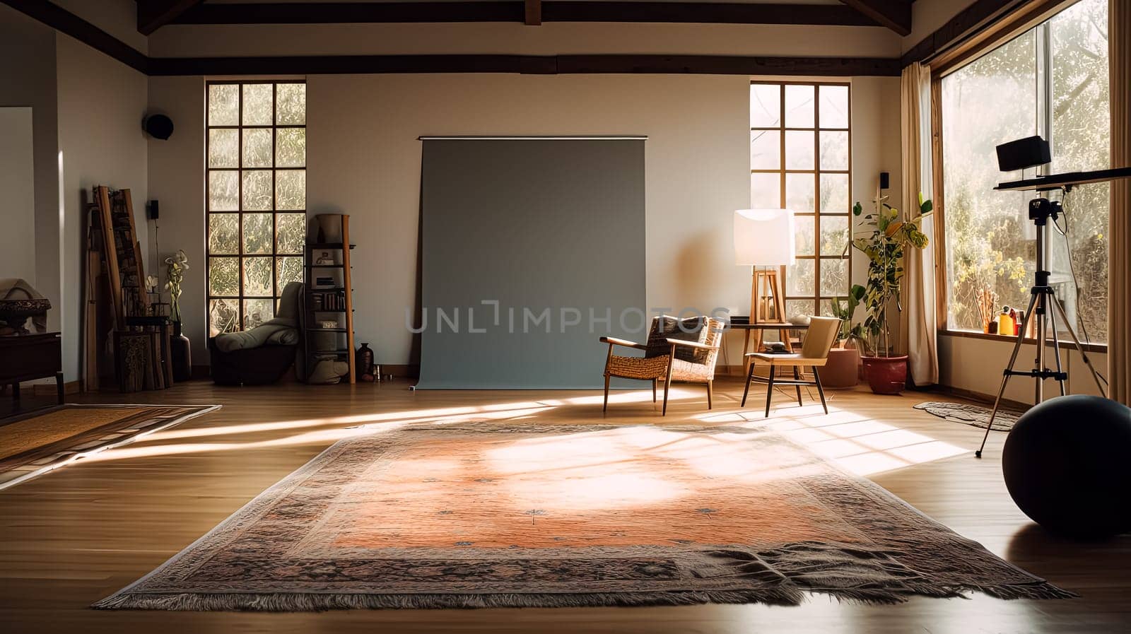 A large room with a rug on the floor and a chair in the middle. The room is empty and has a neutral color scheme
