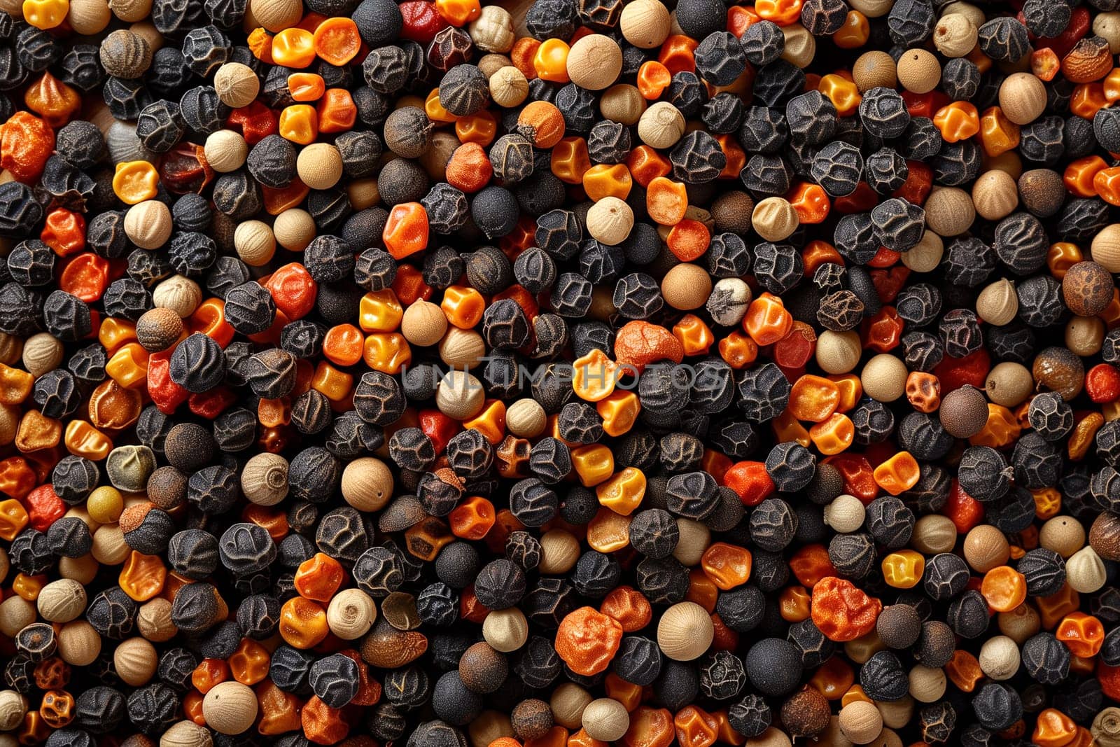 A variety of black, orange, and yellow peppercorns grouped together in a vibrant mix of colors.