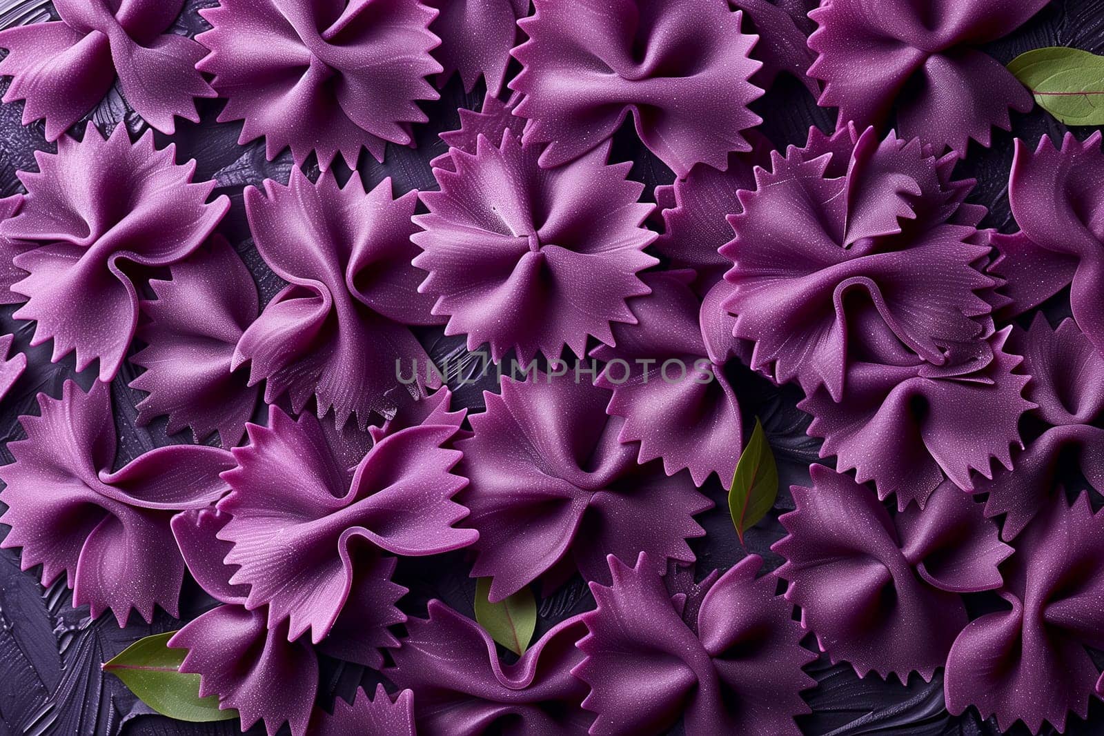 A close-up view of purple farfalle pasta arranged in a visually appealing pattern on a black surface. The pasta is dry and ready to be cooked.