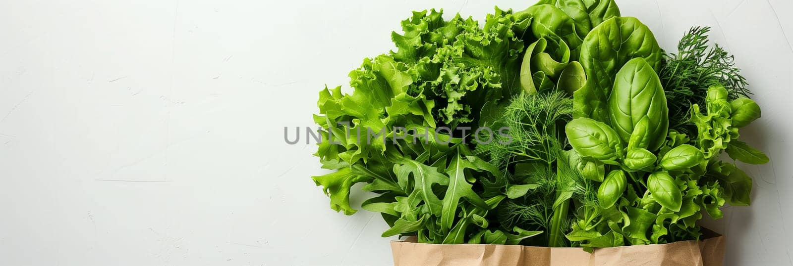 A brown paper bag filled with various fresh green vegetables, including lettuce, broccoli, cucumbers, and kale.