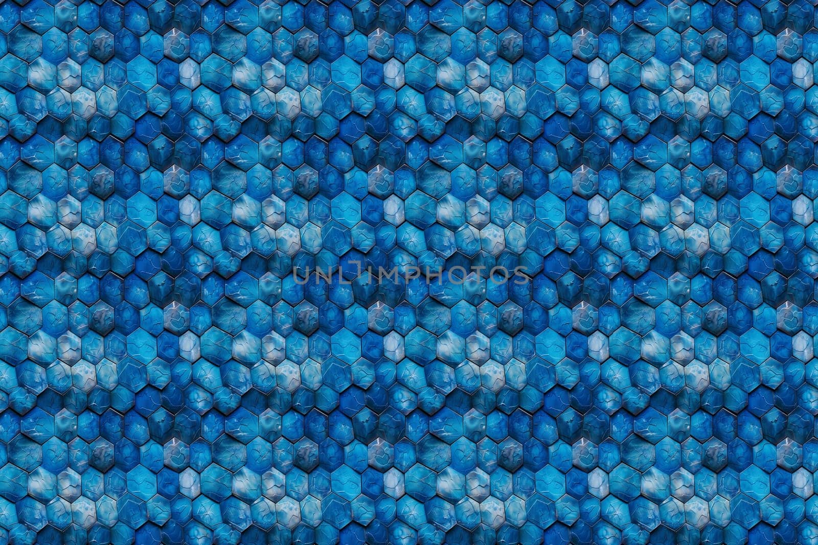 A close-up of a repeating pattern of blue hexagonal shapes. The hexagons are arranged in a slightly offset grid, creating a 3D effect.