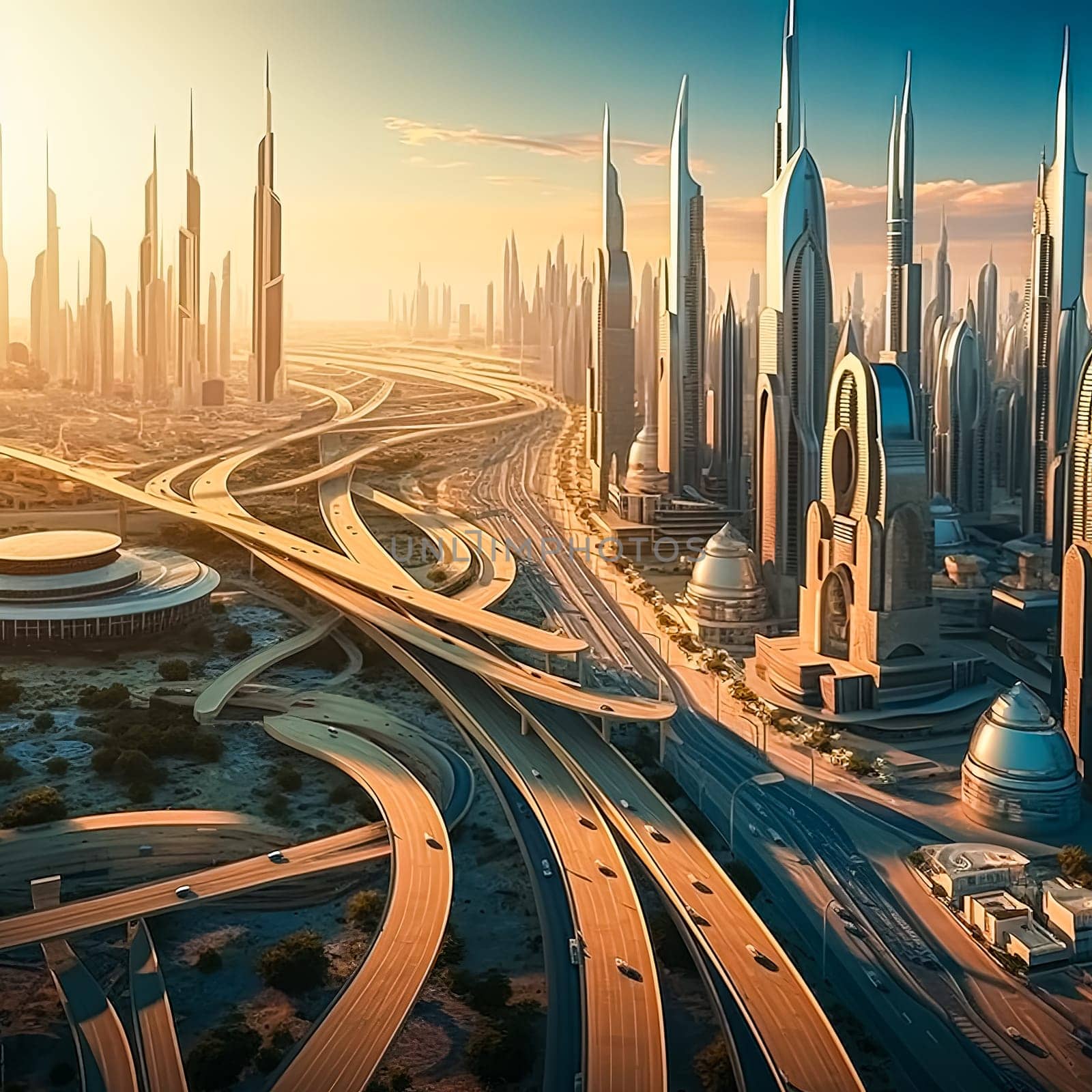 A futuristic city with tall buildings and a highway. The city is full of cars and trucks driving on the highway