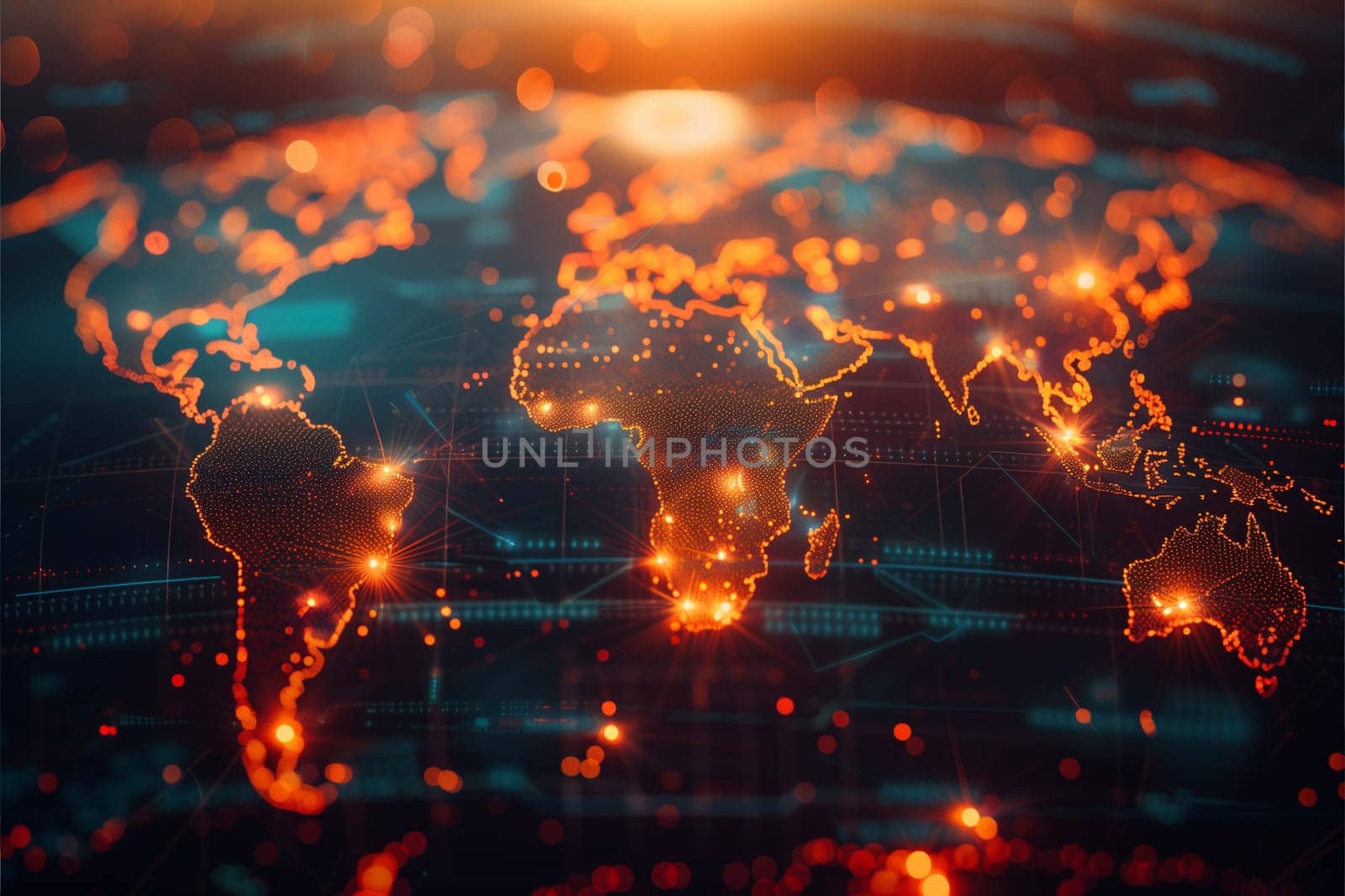 A digitally rendered world map with glowing continents and cities.