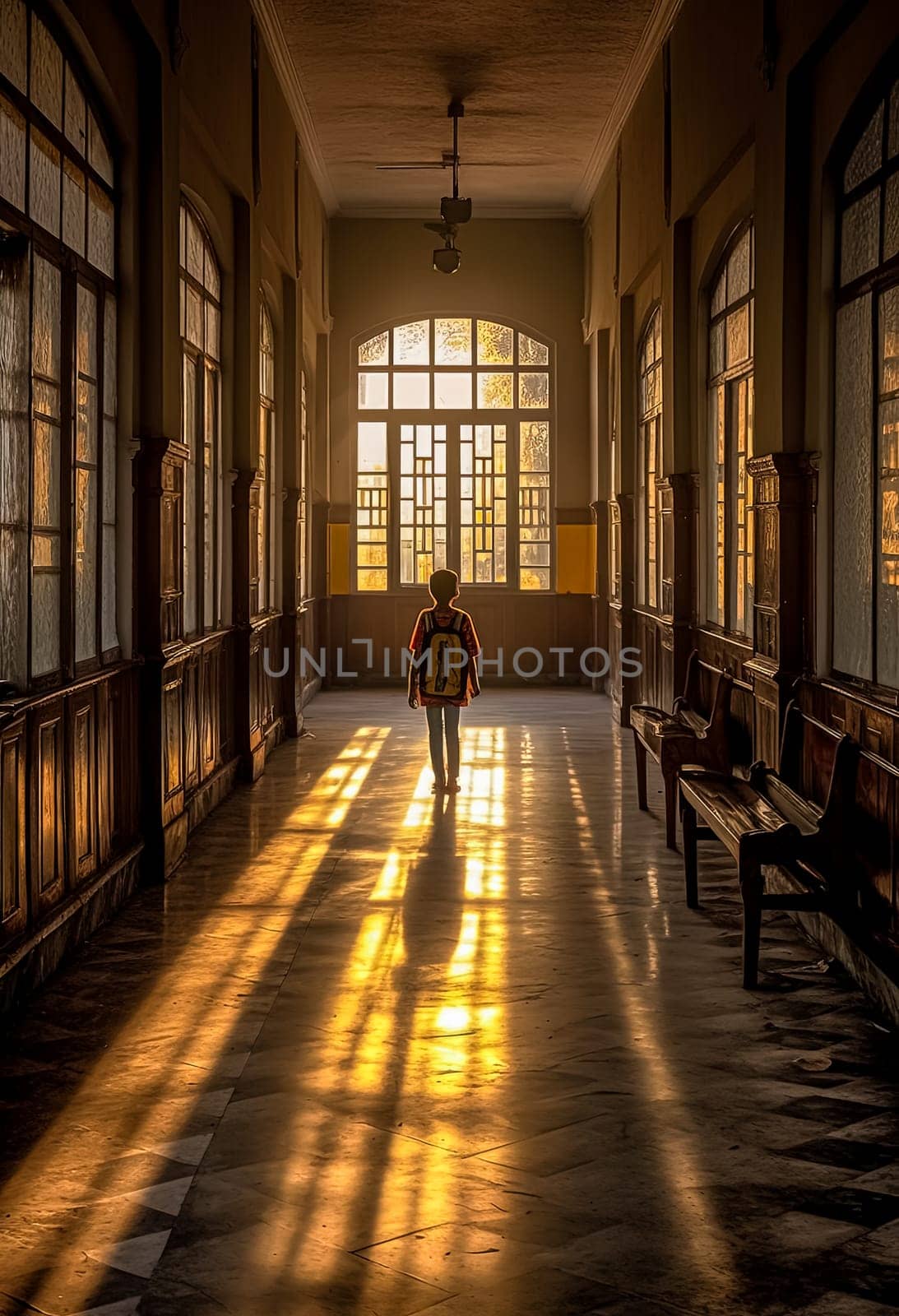 A person is walking down a hallway with a backpack. The hallway is very long and has a lot of windows. The sunlight is shining through the windows, creating a warm and inviting atmosphere