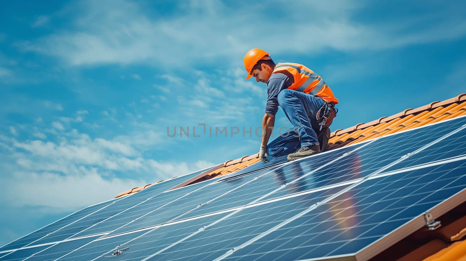 A technician in safety gear mounts solar panels on a house roof under a clear blue sky - Generative AI