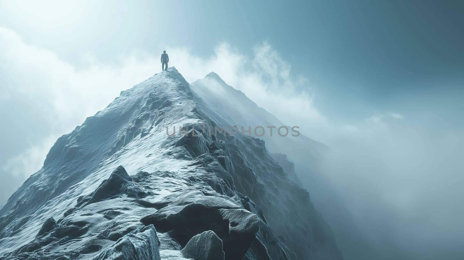 A solitary figure stands atop a snow-covered mountain peak, surrounded by mist, with the light of early morning casting a serene glow - Generative AI