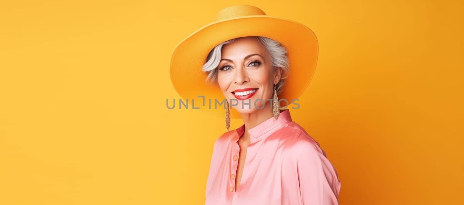 Fashion portrait of beautiful stylish elegant happy mature woman with gray hair wearing yellow suit, hat posing on colorful yellow studio background