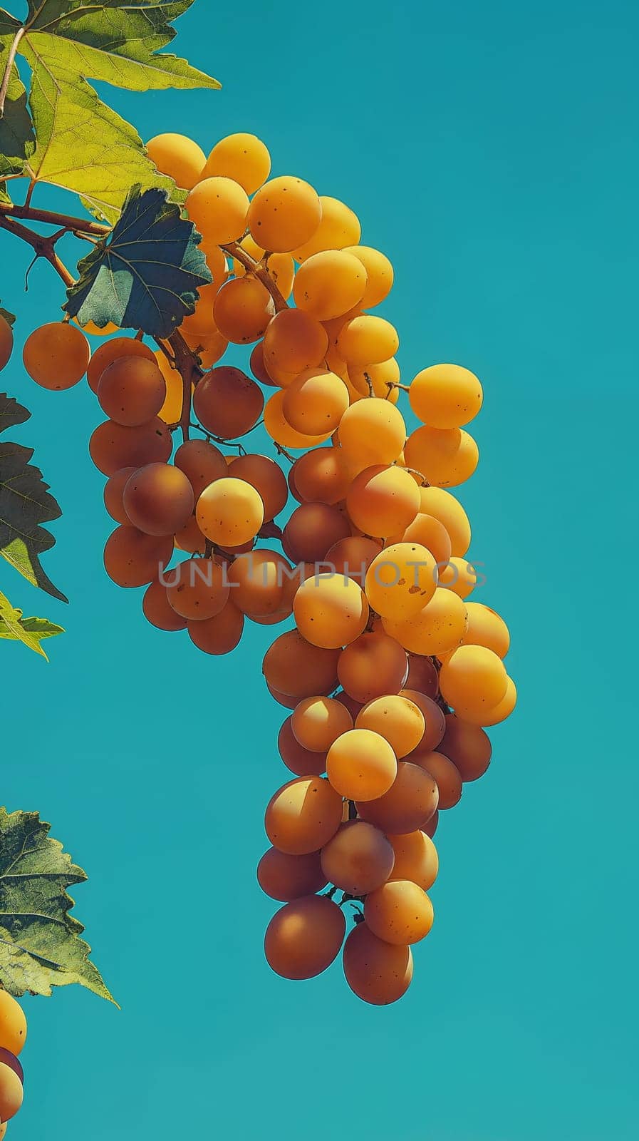 A bunch of plump, golden grapes dangle from a vine with lush leaves, basking in the sunlight under a vivid blue sky - Generative AI