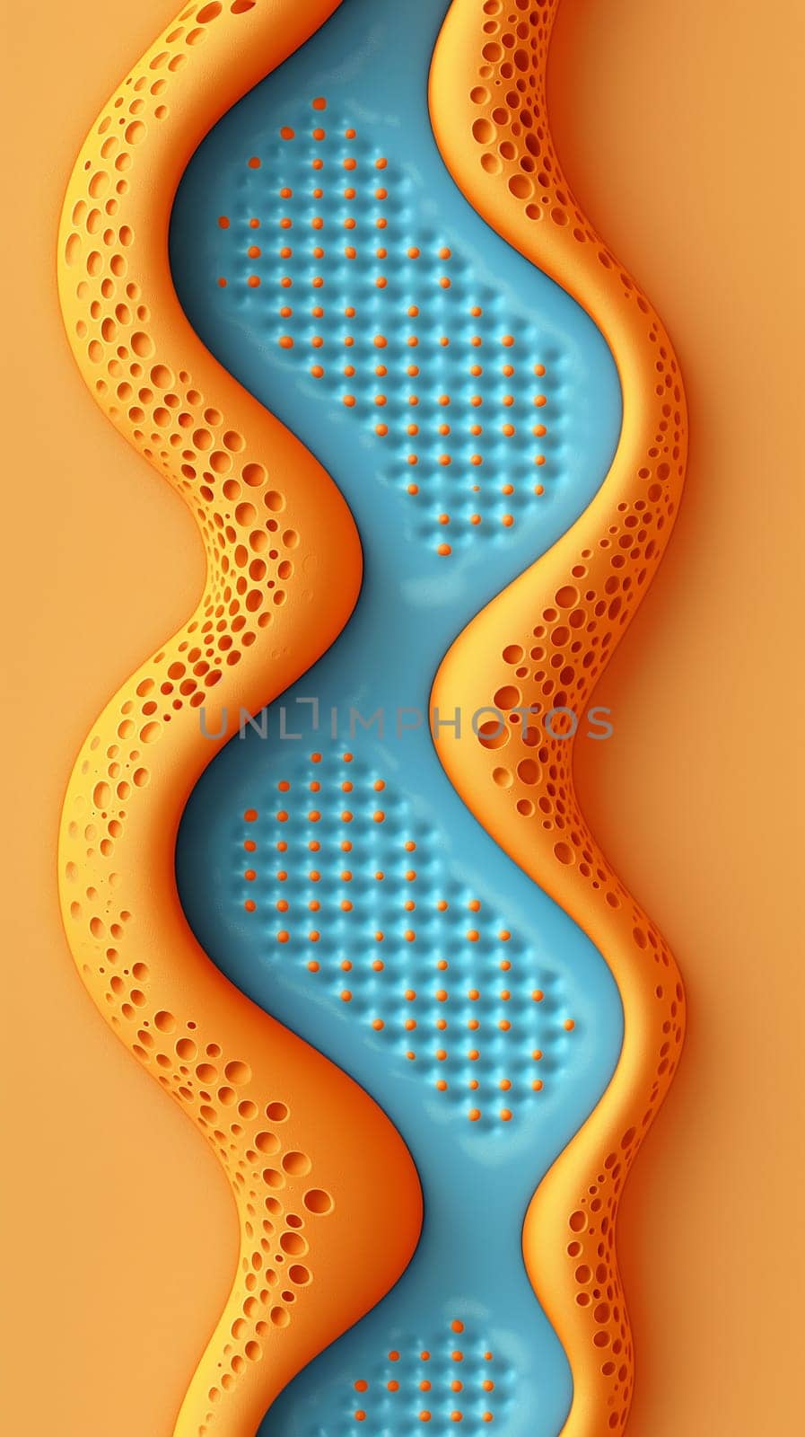 A digitally rendered, undulating shape with a harmonious blend of orange edges and a vivid blue core, reminiscent of flowing water or a biological form - Generative AI
