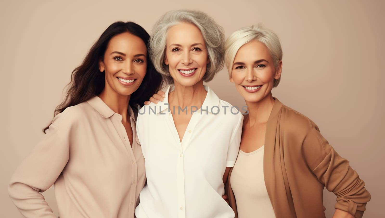 Portrait of beautiful happy smiling mature women together, three cheerful girlfriends with toothy smiles on brown studio background